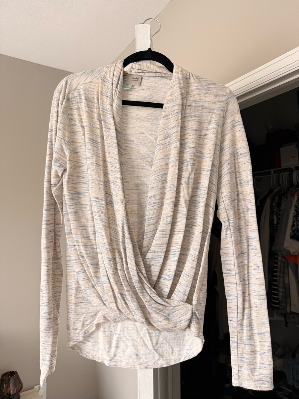 Draped Crossover Long-Sleeve Top in Heathered Cream and Blue